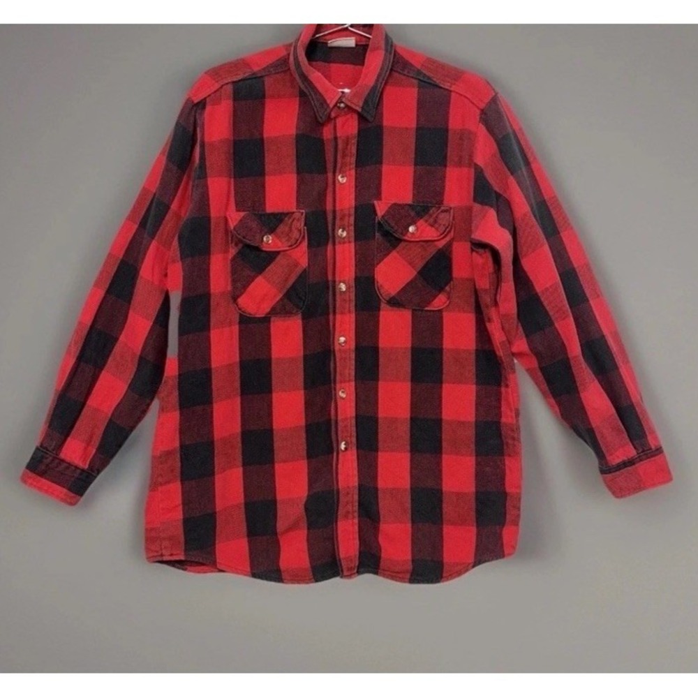 Five Brother Flannel Shirt Red Black Plaid USA Made Faded Men's Large Tall LT